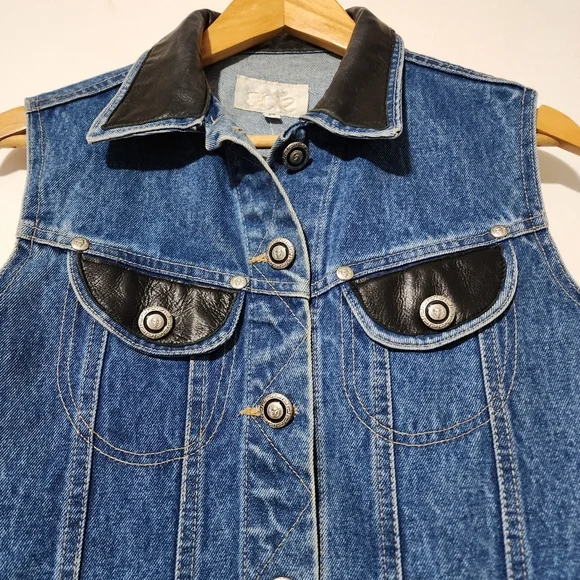 Cache Vintage Denim & Black Leather Trim Vest Moto Biker Cropped Jean Jacket Sz - Picture 6 of 12